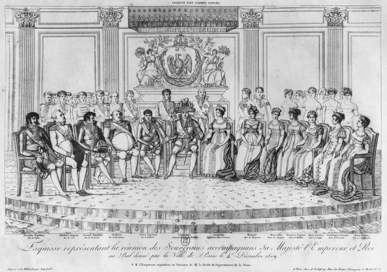 Skitse af Napoleon I og suverænerne ved bal givet af byen Paris den 4. december 1809 af Adrien Pierre Francois Godefroy