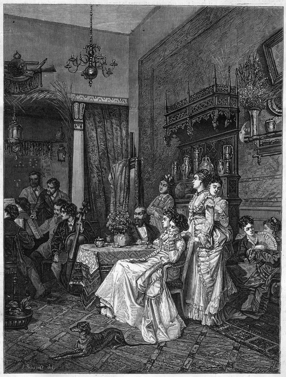 Amatørkoncert i en kunstners studie. Gravering efter maleriet af Adrien Moreau (1843-1906) i "The Illustrous Universe"" af Adrien (after) Moreau