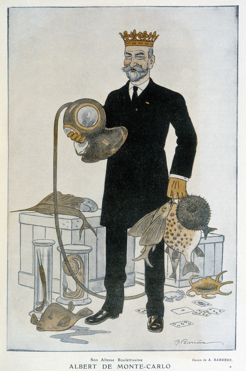Albert 1er de Monaco (1848-1922), grundlægger af det oceanografiske museum i Monte Carlo - Illustration af Adrien Barrere (1877-1931) I Fantasio den 15/04/1914 af Adrien Barrere
