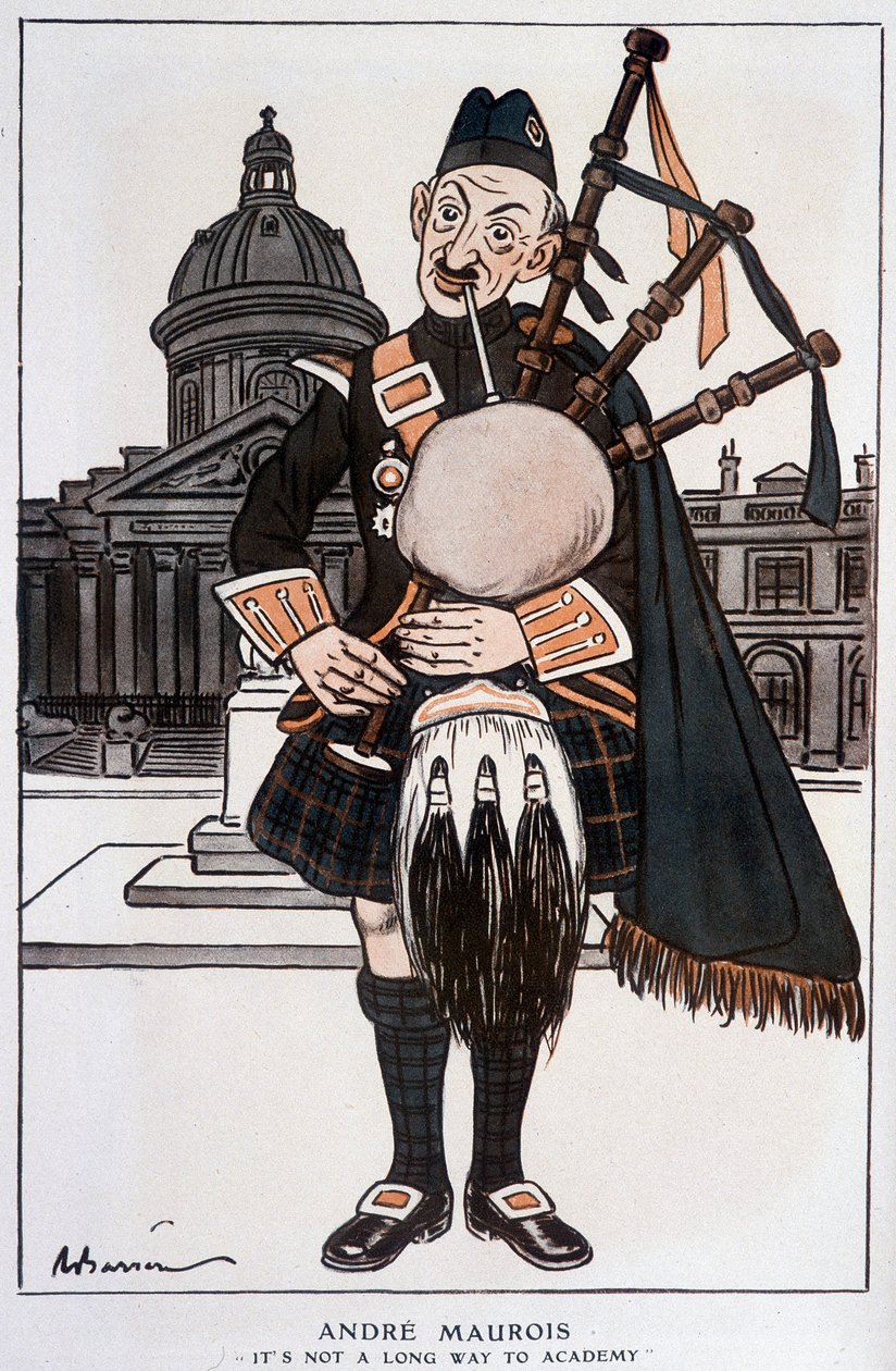Tegneserie i akademiker af André Maurois (pseudonym for Emile Herzog), fransk romanforfatter, essayist og historiker (1885-1967) - af Barrère, i "" Fantasio""" af 15/04/1929 af Adrien Barrere