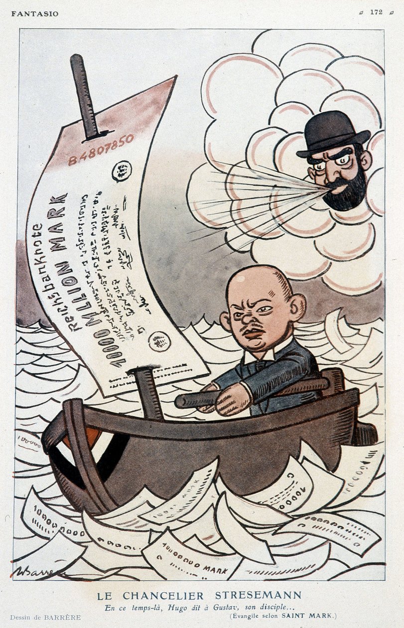 Tegnefilm om den tyske kansler Gustav Stresemann (1878-1929) og devalueringen af mærket - Illustration af Adrien Barrere (1877-1931) i "" Fantasio""" af 01/11/1923 af Adrien Barrere