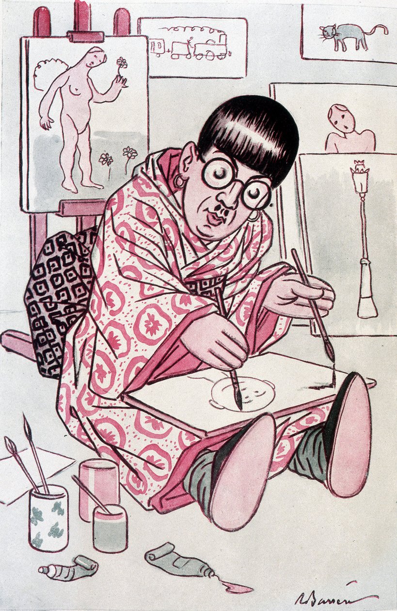 Tegneserie, der viser Tsuguharu Fujita, døbt Leonard Foujita, fransk maler af japansk oprindelse (1886-1968). Tegning af Barrere i Fantasio, den 01/04/1927. af Adrien Barrere