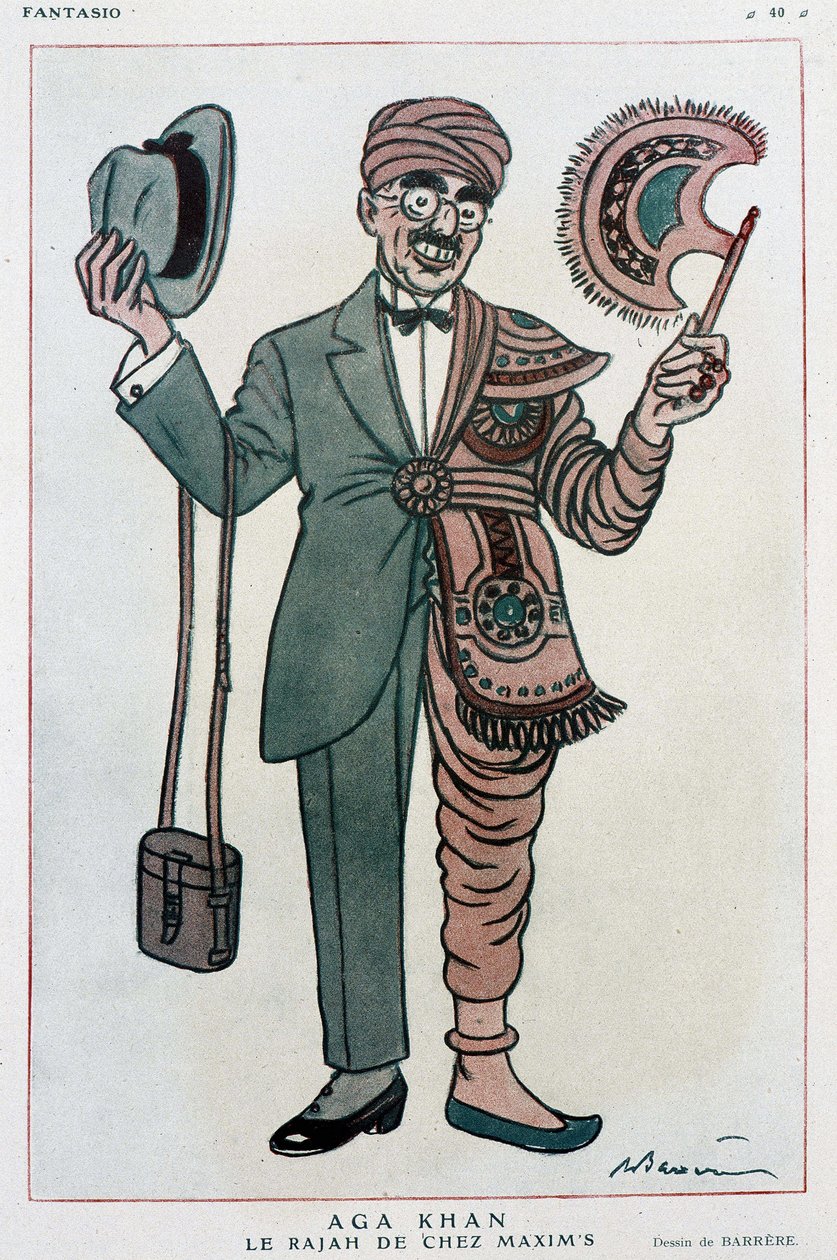 Komisk tegning af Barrere på Muhammad Shah Aga Khan III af Adrien Barrere