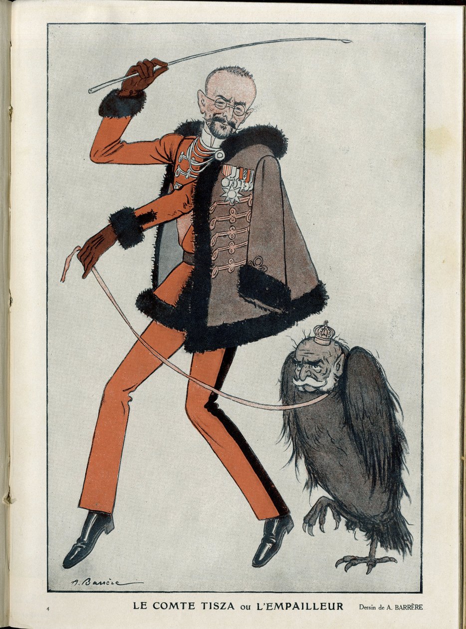Illustration af A Barrere (1874-1931) i "" Fantasio"", 01/04/15 - Grev Tisza or the Stuffer - War of 14 -18, Østrig, Ungarn - Eagle, Francois-Joseph 1st of Austria, Tisza Istvan - Animation af Adrien Barrere