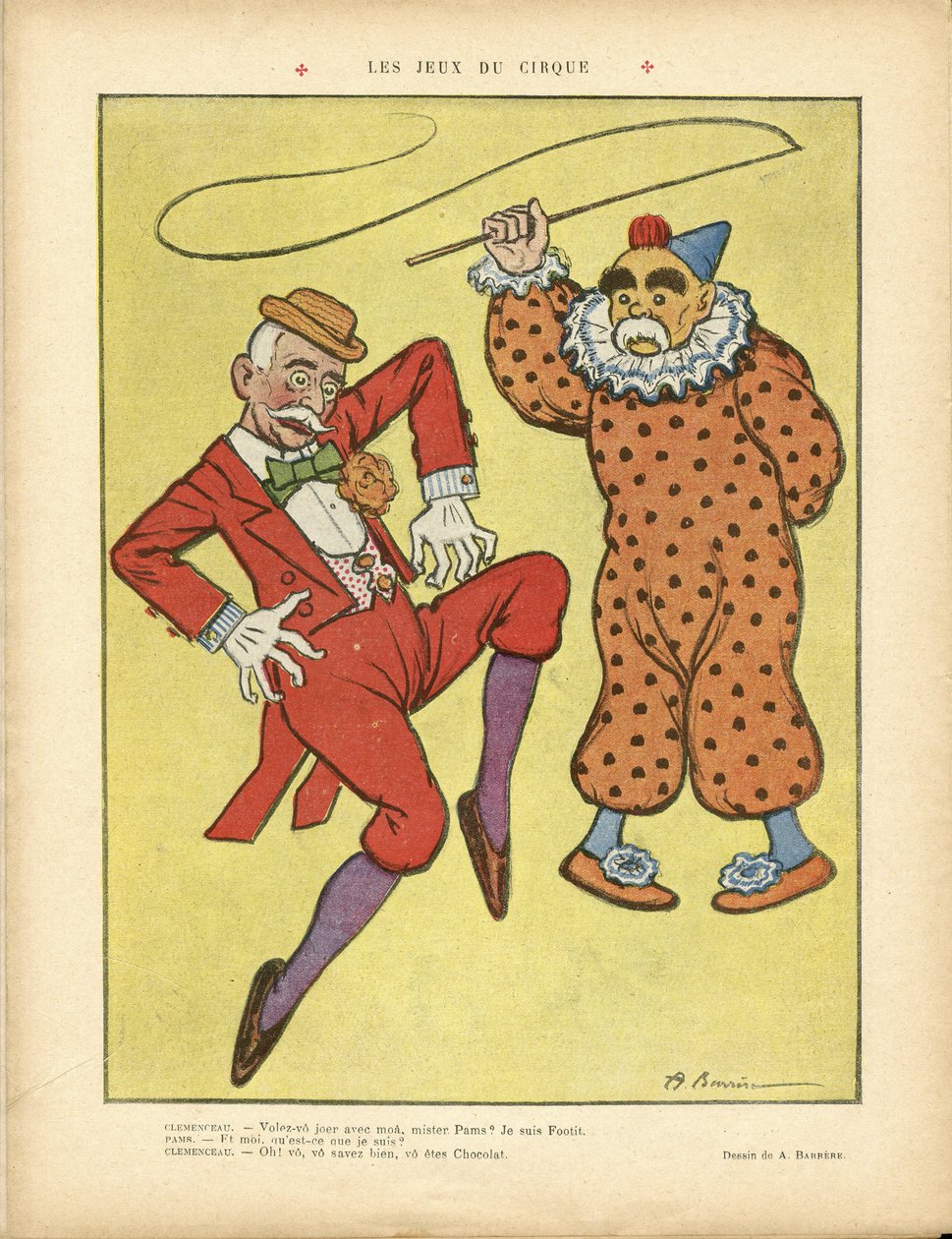 Illustration af A Barrere (1874-1931) i Le Rire, 22/02/13 - Cirkusspil - Clemenceau George, Pams Jules (1852-1930), Cirkus, Karneval/Spil/Cirkus af Adrien Barrere