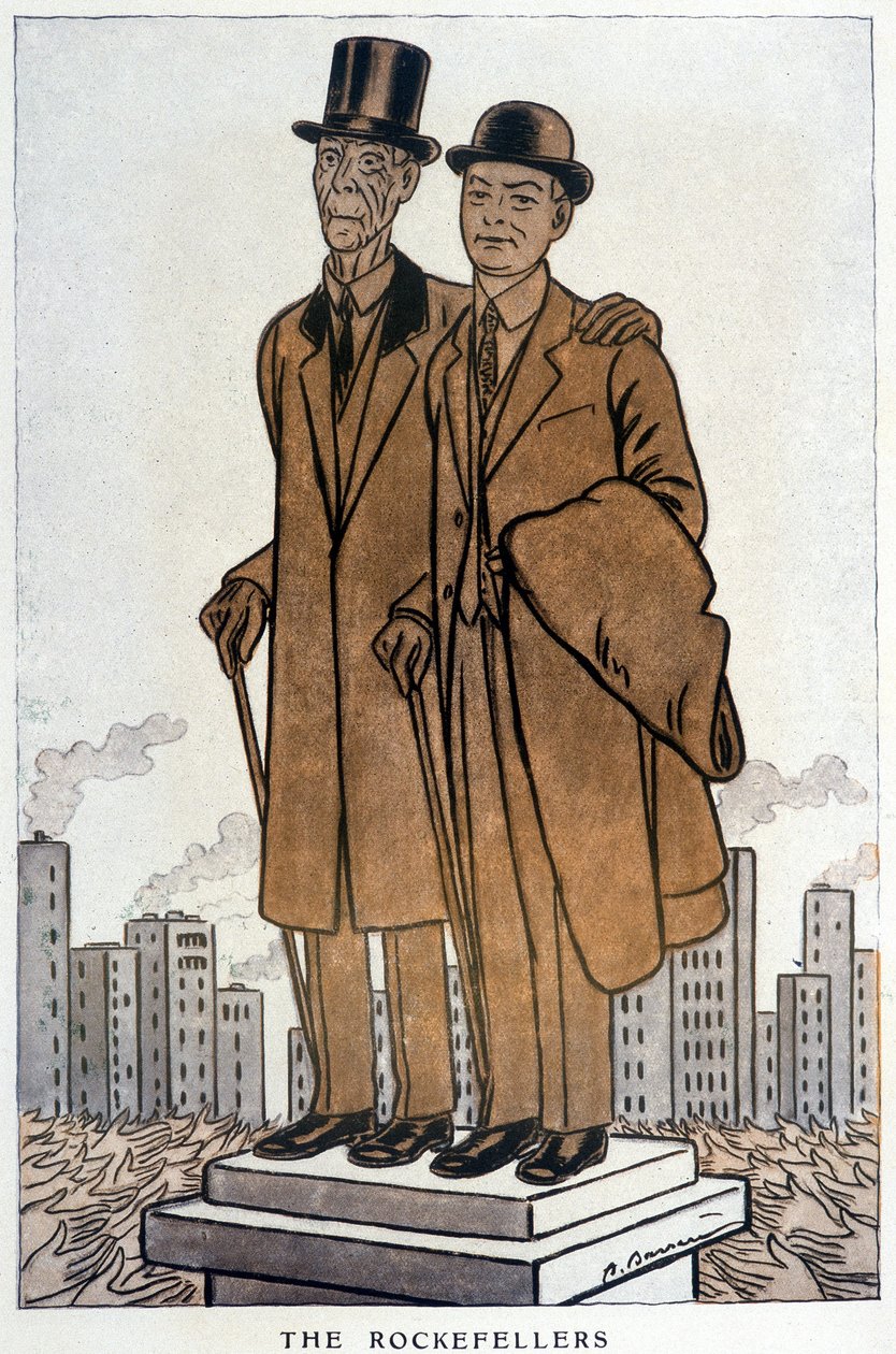 Les Rockefellers, senior og junior, amerikansk cresus - Illustration af Adrien Barrere (1877-1931) i "" Fantasio"" fra 01/03/1930 af Adrien Barrere