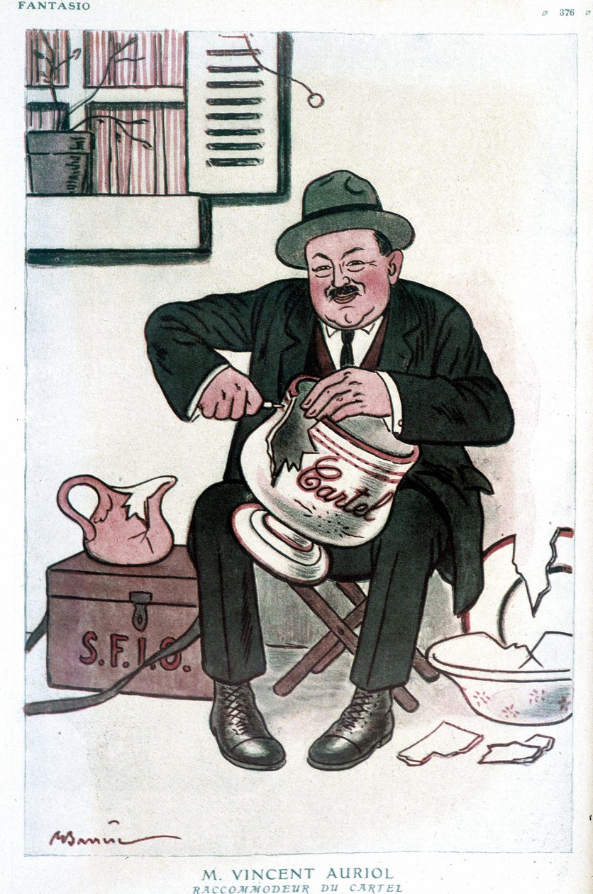 Mr. Vincent Auriol, Cartel Raccommodeur: humoristisk tegning på Vincent Auriol (1884-1938), på SFIO (S.F.I.O) og Cartel des gauche. Tegning af A. Barrere - i “” Fantasio””” af 15/02/1929. af Adrien Barrere