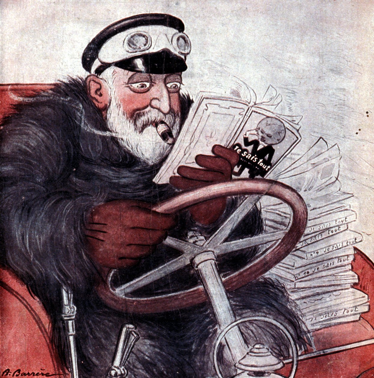 Portræt af kong Edward VII af England (1841 - 1910) kørende i sin bil. Tegning af A. Barrère. "Jeg ved alt." af Adrien Barrere