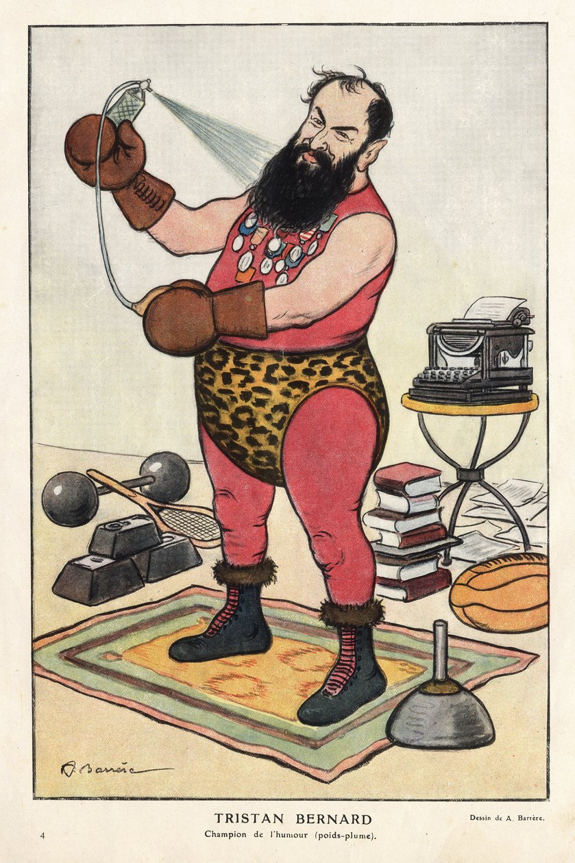 Portræt af Tristan Bernard (1866-1947), fransk forfatter, tegneserie af Barrere i "Fantasio"" fra april 1915. af Adrien Barrere
