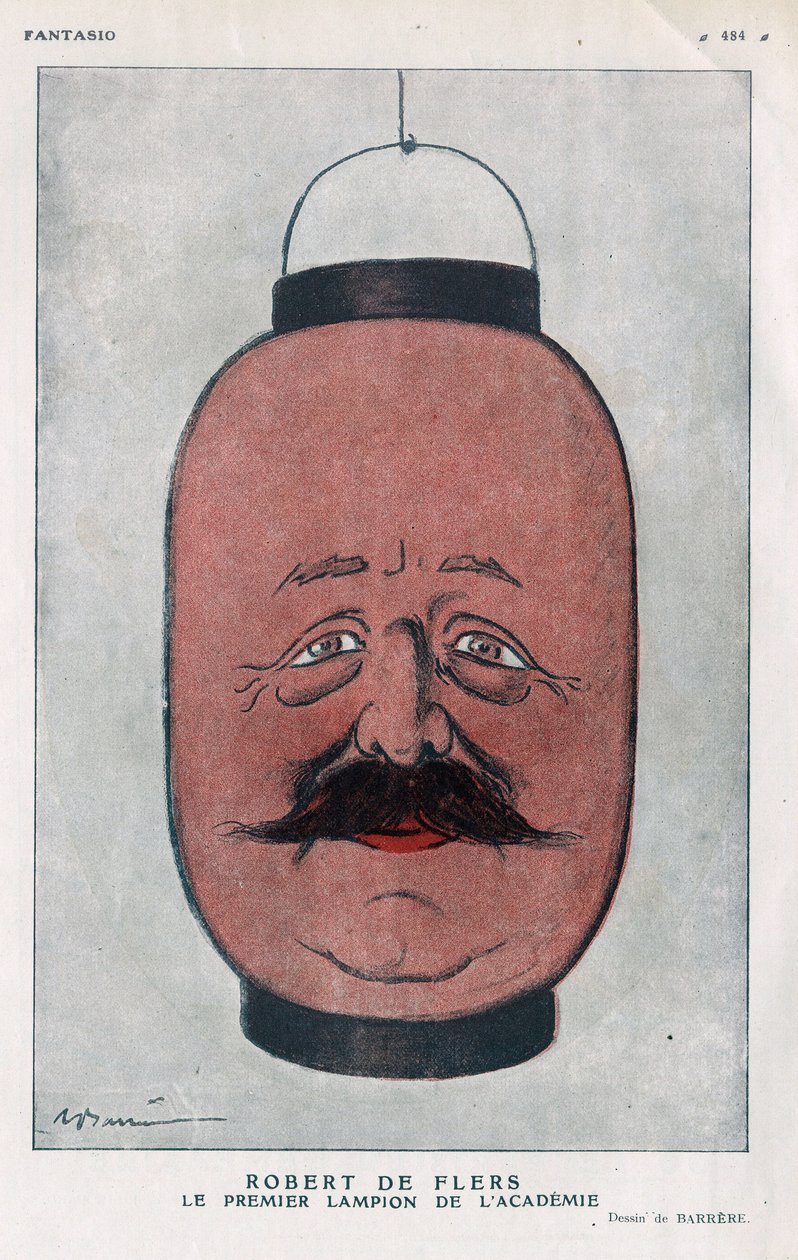 Robert Pelleve de La Motte-Ango (Motte Ango), Marquis de Flers, fransk dramatiker (1872-1927). (Akademiets første lygte). Tegnefilm af Barrere i "" Fantasio"" fra juni 1921. af Adrien Barrere