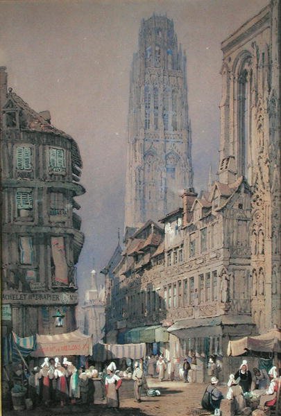 Marked ved foden af Tour de Beurre, Rouen (wc på papir) af Adrien Dauzats