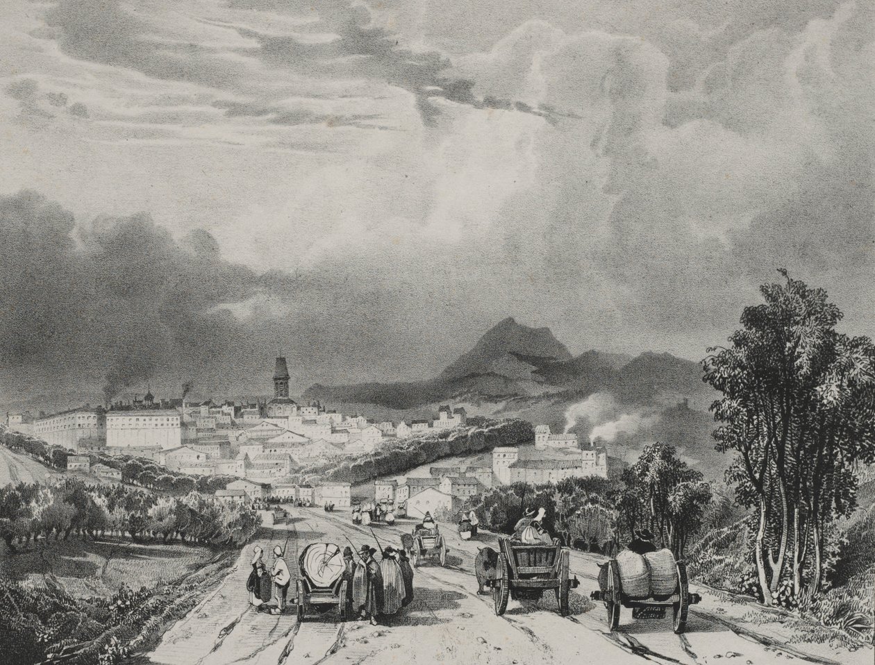 Generel udsigt over Riom, Auvergne, 1829. af Adrien Dauzats