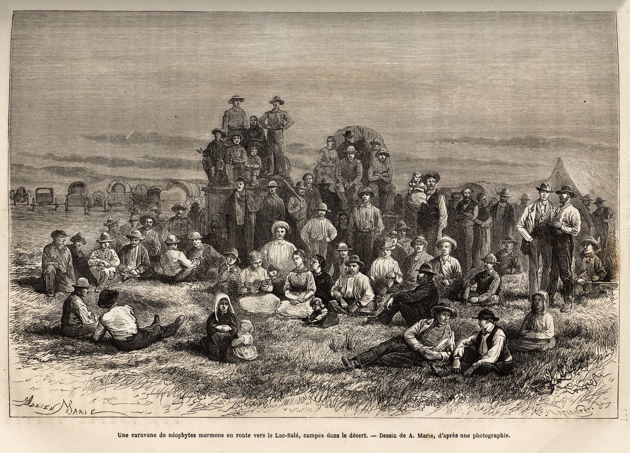 En karavane af mormonske neofytter på vej til Lake Sale, i sin lejr i ørkenen, indgraveret efter A.Maries tegning, der illustrerer rejsen fra Washington til San Francisco i 1868, af L. Simonin, udgivet i "" Le tour du monde" ”” 1874, redigeret af Edouard af Adrien Emmanuel Marie