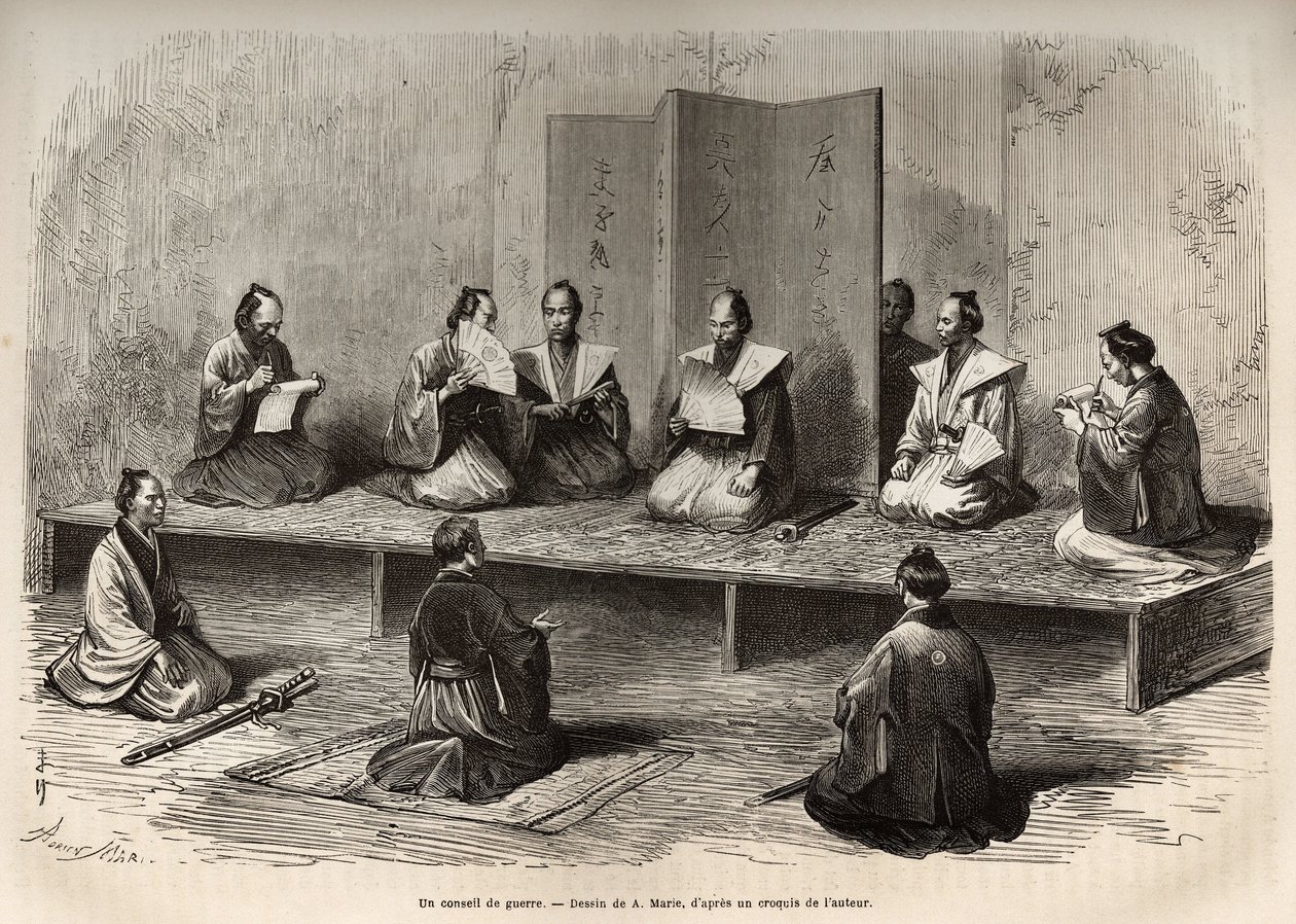 Et krigsråd i Edo (det nuværende Tokyo), som samler officererne fra taicounen (lederen af den timelige magt) for at stå over for et oprør fra daimios (eller daimyos: japansk adel) lige før meiji-restaureringen (1868), gravering efter A.Marie