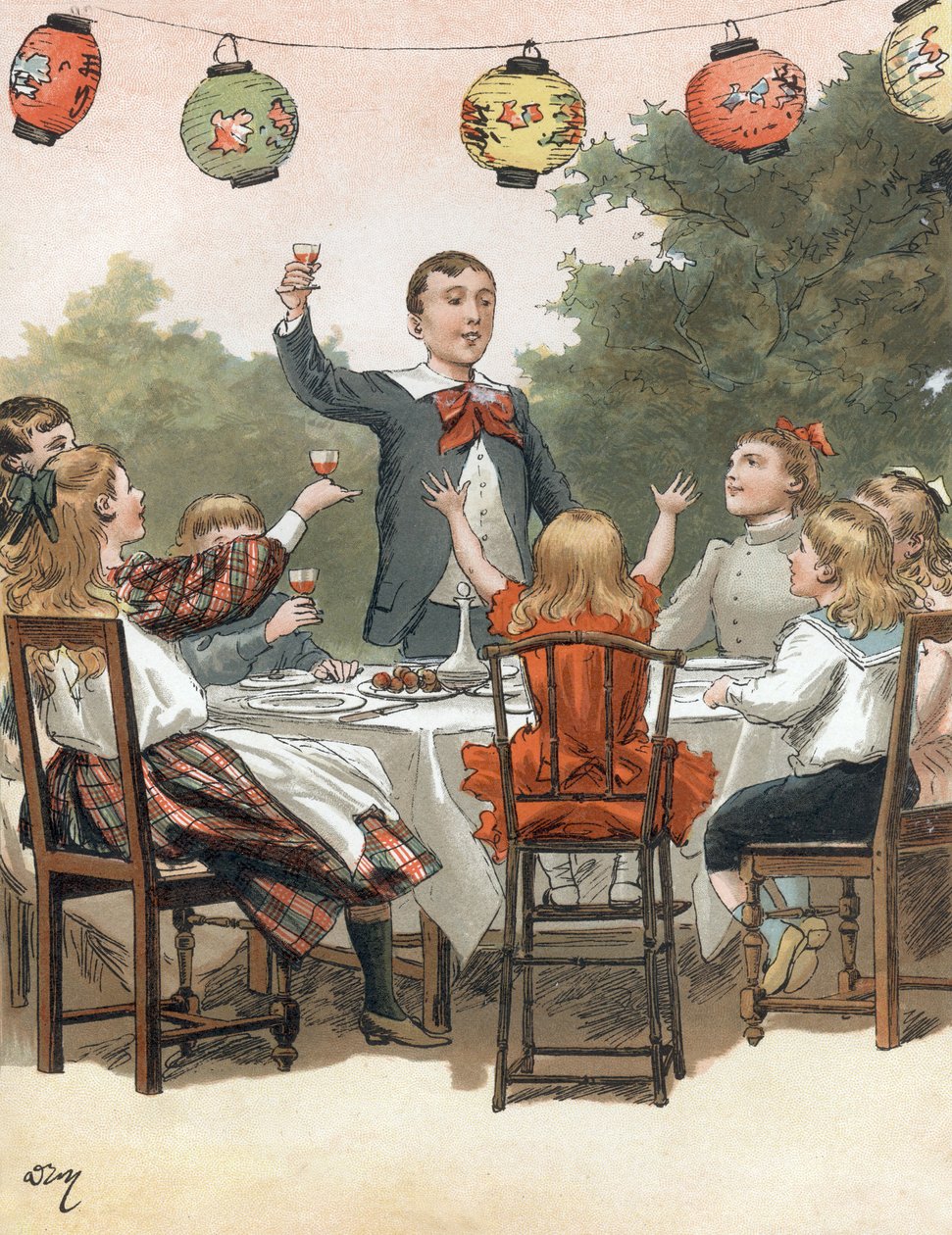 En ung dreng holder tale, børn klinker i glas, illustration af Adrien Marie i bogen Tout a la joie af Zari, Emile Guerin udgivelse 1890 af Adrien Emmanuel Marie