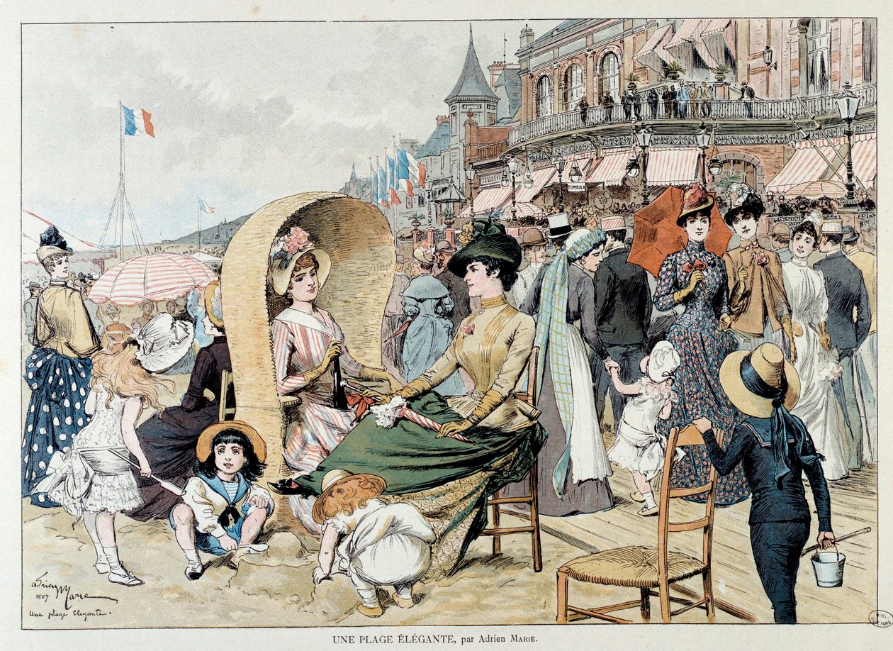 An elegant beach. Charming ladies with their children among a crowd entertaining on a beach in France. Engraving by Adrien Mariedani af Adrien Emmanuel Marie