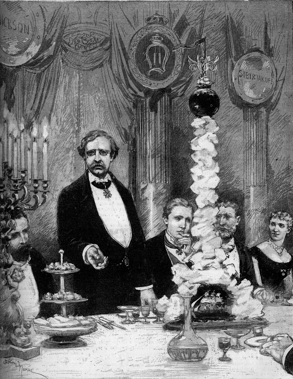 Banket givet af den skandinaviske koloni Paris til ære for opdagelsesrejsende Nils Adolf Erik (Eric) Baron Nordenskjold (Nordenskiold) (1832-1901) på Hotel Continental. Presenter er: Grev Kapnitz, Professor Nordenskjold, Prins Oscar af Sverige (1859-1953) af Adrien Emmanuel Marie