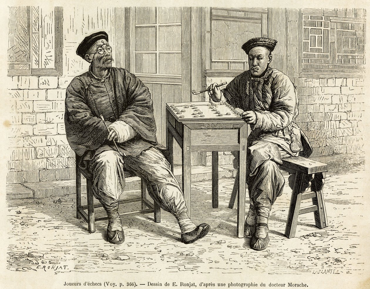 Skakspillere. Gravering efter A.Maries tegning, til illustration af rejsen til Pekin og Nordkina, af T.Choutze, i 1873, udgivet i “” Le tour du monde””” 1876, redigeret af Edouard Charton, udgave Hachette, Paris. Selva samling. af Adrien Emmanuel Marie