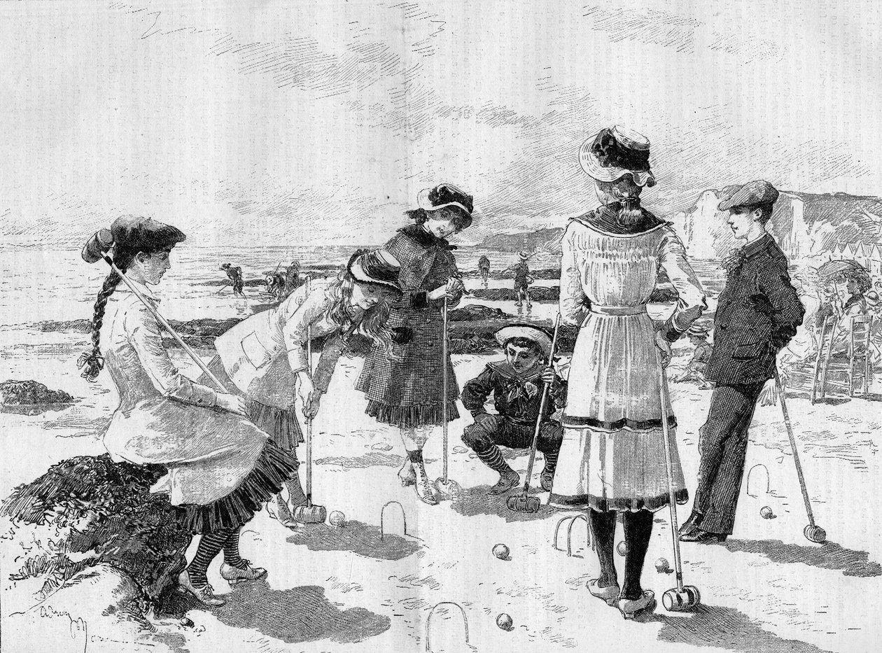 Børn leger kroket på stranden. Indgravering af Adrien Marie i "" Le Monde Illustré"" nr. 1277 af 17. september 1881. af Adrien Emmanuel Marie