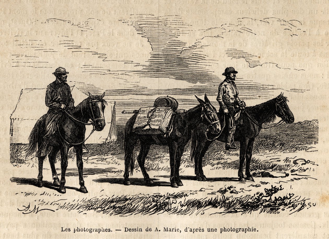 Fotografer af den amerikanske geologiske mission, til hest, omhyggeligt pakket materiale klar til en ny scene, gravering efter tegningen af A.Marie, der illustrerer et sæt geografiske missioner gennem United States National Park, fra 1870 til 1872, af Adrien Emmanuel Marie