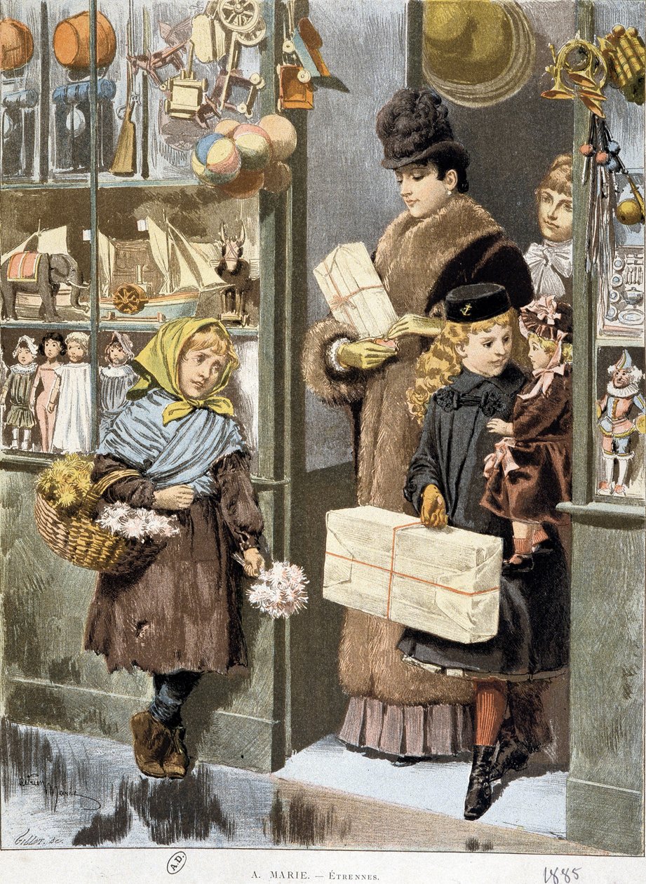 Stakkels pige sælger små buketter ved udgangen af en legetøjsbutik, hvor rige mennesker kommer ud (shopper til jul?) - tegning af Adrien Marie af Adrien Emmanuel Marie
