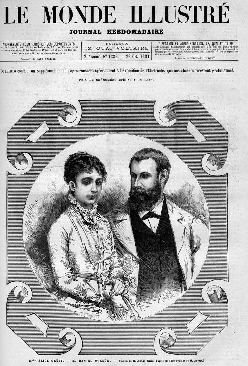 Portræt af Daniel Wilson (1840-1919), fransk politiker med sin kone, Alice Grevy. Stik af Adrien Marie. En af "The Illustrious World" nr. 1282 af 22. oktober af Adrien Emmanuel Marie