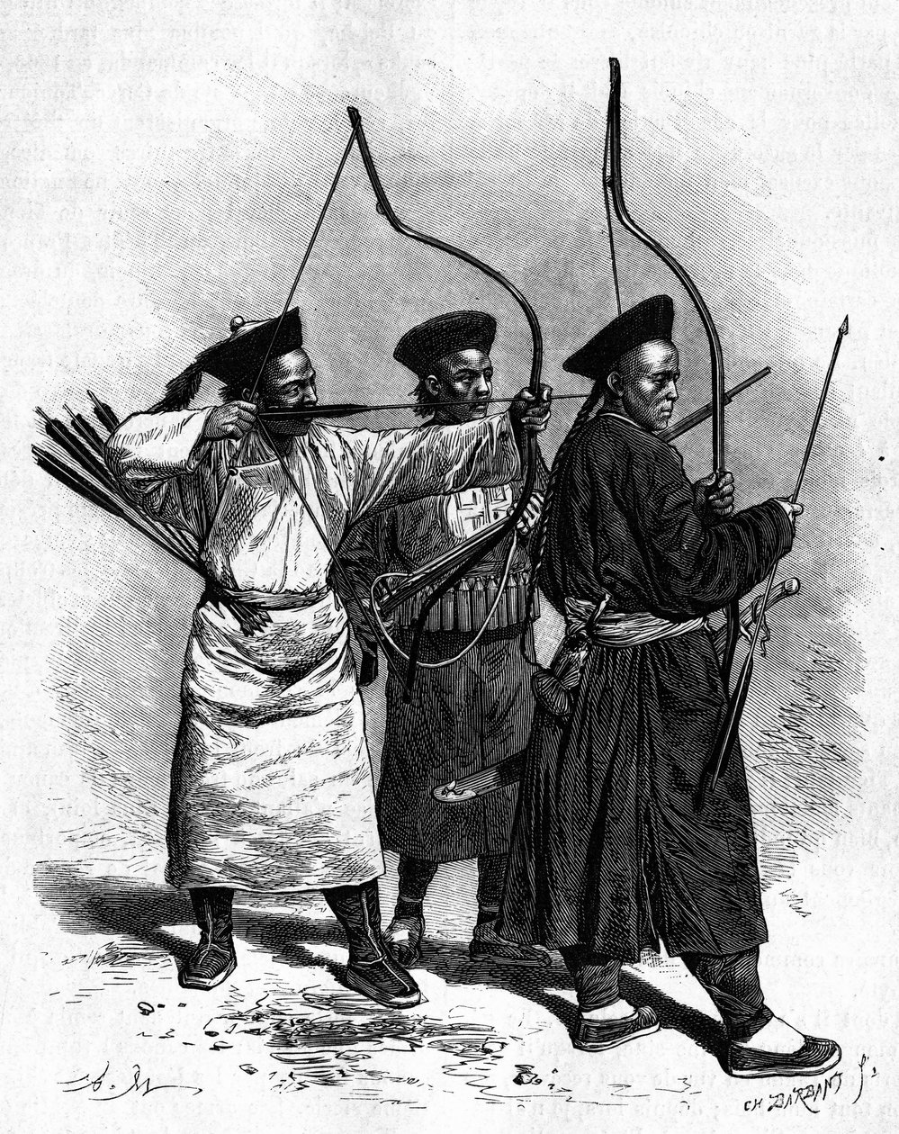 Portrætter af tre kinesiske bueskytter i traditionel dragt, i 1870