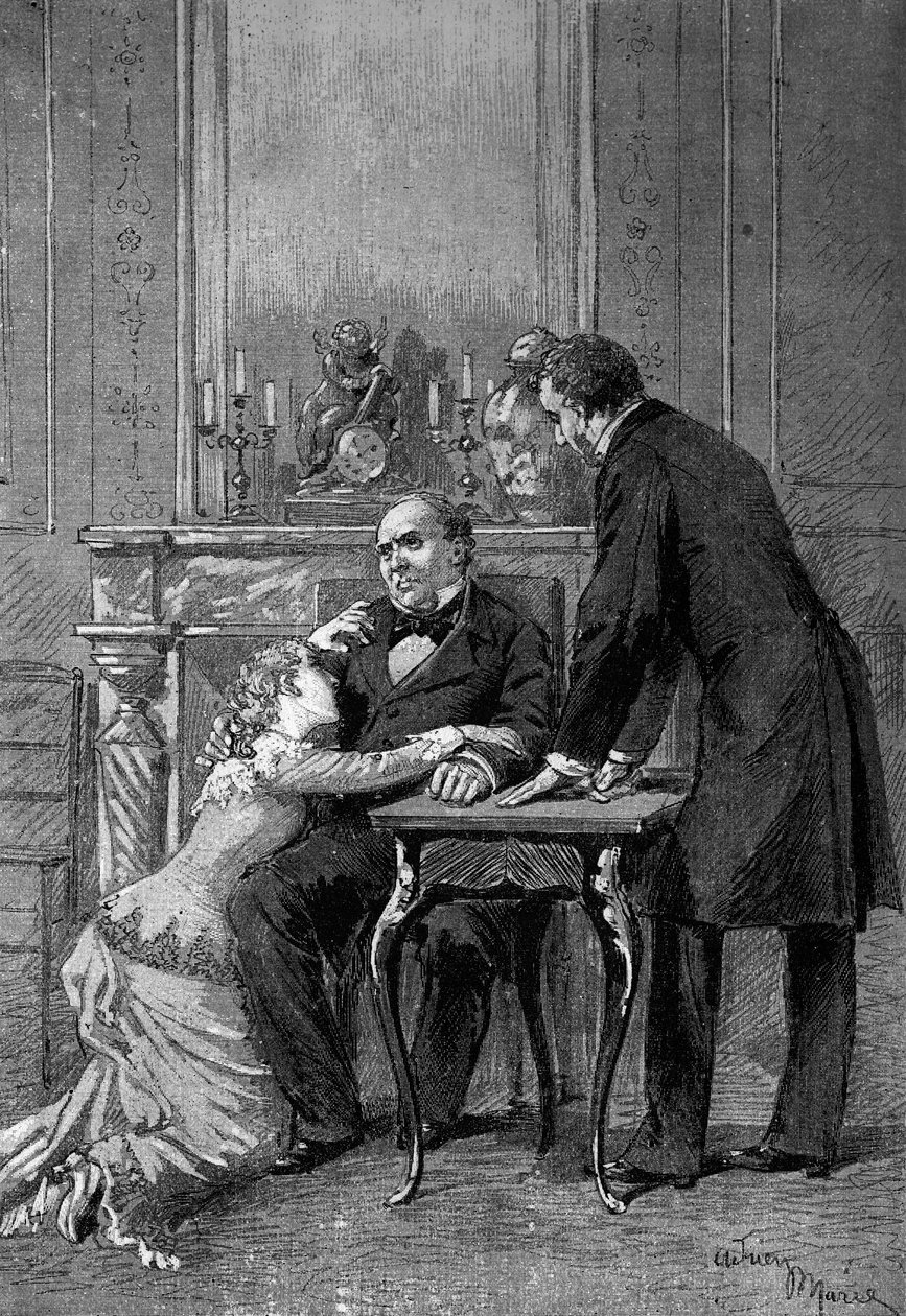 Teaterforestilling: 1. akt af ""Jean Baudry"" af Auguste Vacquerie (1819-1895) med Miss Bertet (Andree), Mr. Barre (Bruel), Edmond Got (1822-1901) (Jean Beaudry). Paris, Comedie Francaise af Adrien Emmanuel Marie