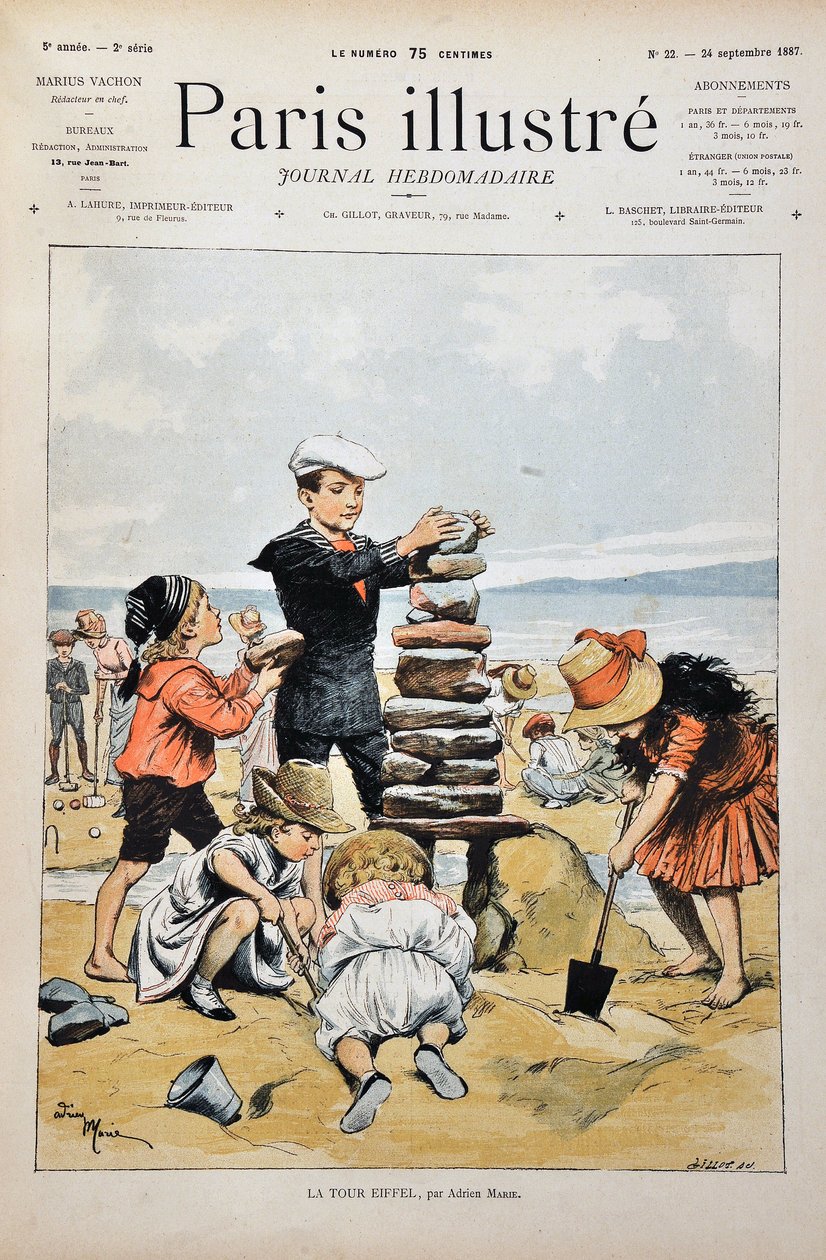 Eiffeltårnet En gruppe børn, der leger på en strand og realiserer en kopi af Eiffeltårnet med sten og sand. illustration af Adrien Marie (1848-1891). Indgravering fra 1887 i "" Paris-Illustrous journal weekly"". af Adrien Emmanuel Marie