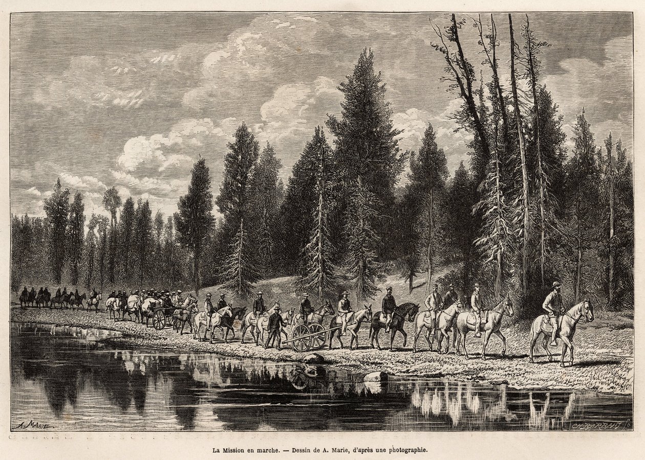 Hele den geografiske mission, på vej til Mount Hayden, langs Henri-floden, indgraveret efter A.Maries tegning, der illustrerer et sæt geografiske missioner gennem United States National Park, fra 1870 til 1872, af hr. Hayden, Doane og Langford, pu af Adrien Emmanuel Marie