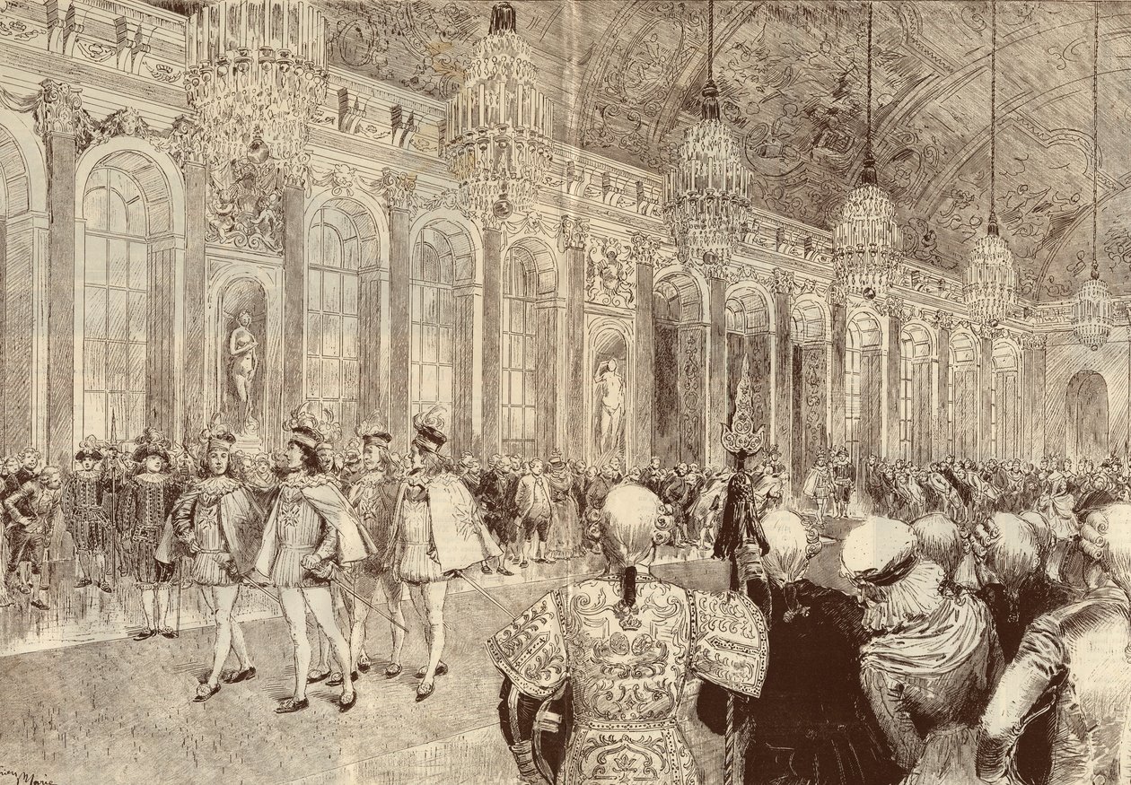 Optoget af ridderne af Helligåndsordenen (Helligånden) i isgalleriet på slottet Versailles pinsedag 1789. Tegning af Adrien Marie fra 1889. af Adrien Emmanuel Marie