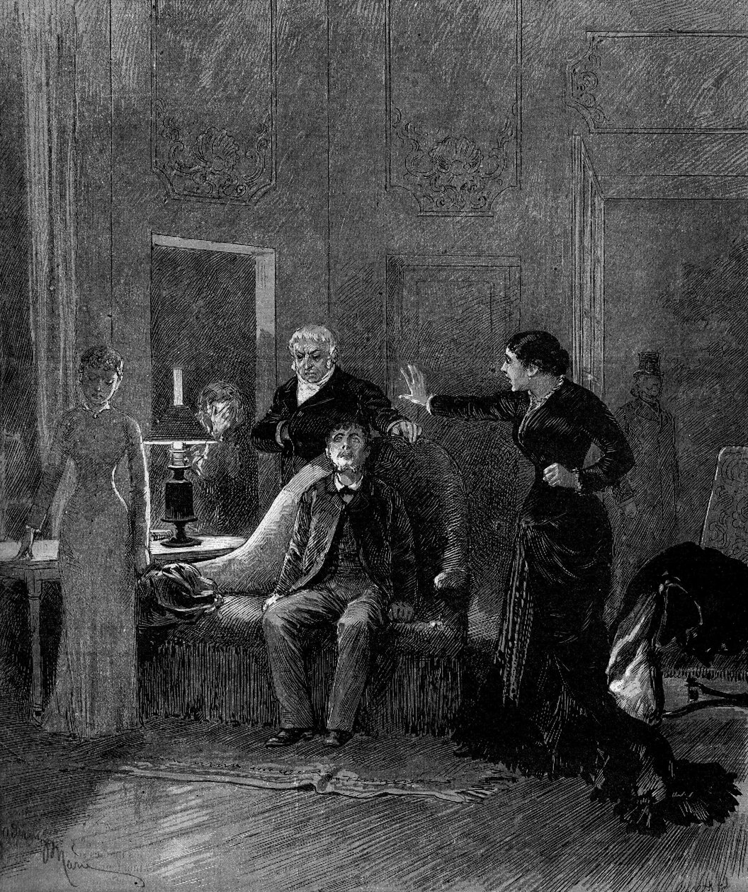 Teaterrepræsentation: 5. akt af "Jack" af Alphonse Daudet (1840-1897) og H. Lafontaine med Miss Sisos (Cecile), M. Porel (Dr. Rivals), M. Chelles (Jack), Miss Montaland (Ida de Barancy) ). Paris, teater de l