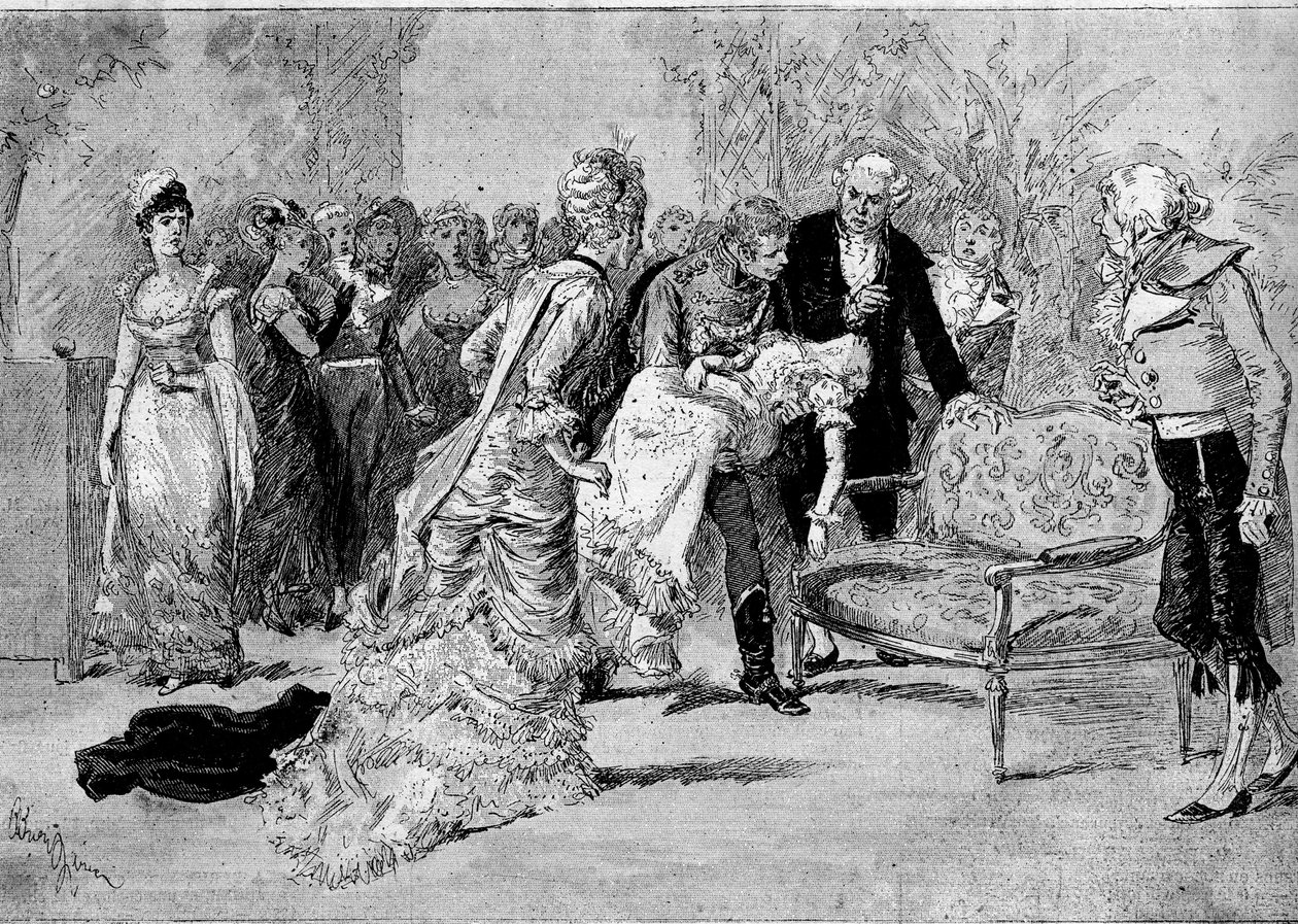 Teaterfremstilling: "" Le beau Solignac"" af Jules Claretie (1840-1913) og William Busnach (1832-1907) med Edouard Angelo (Solignac) og Melle Cassothy (Louise de Farges). Paris, Chatelet teater af Adrien Emmanuel Marie