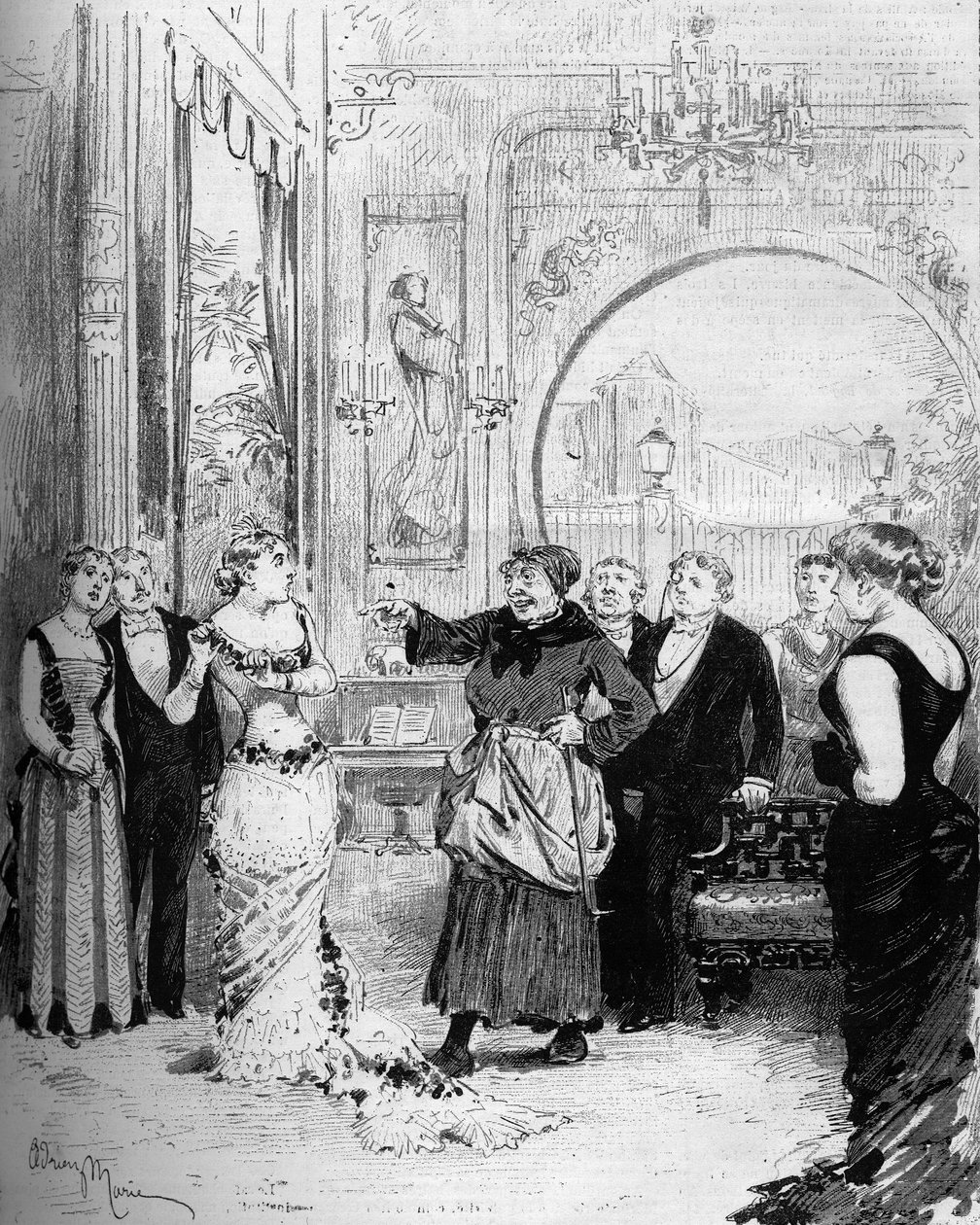 Teaterfremstilling: "" Nana"" af William Busnach (1832-1907) efter Emile Zola (1840-1902) med Louise Massin (1847-1901) (Nana) og Melle Honorine (Pomare). Paris, Theatre de l