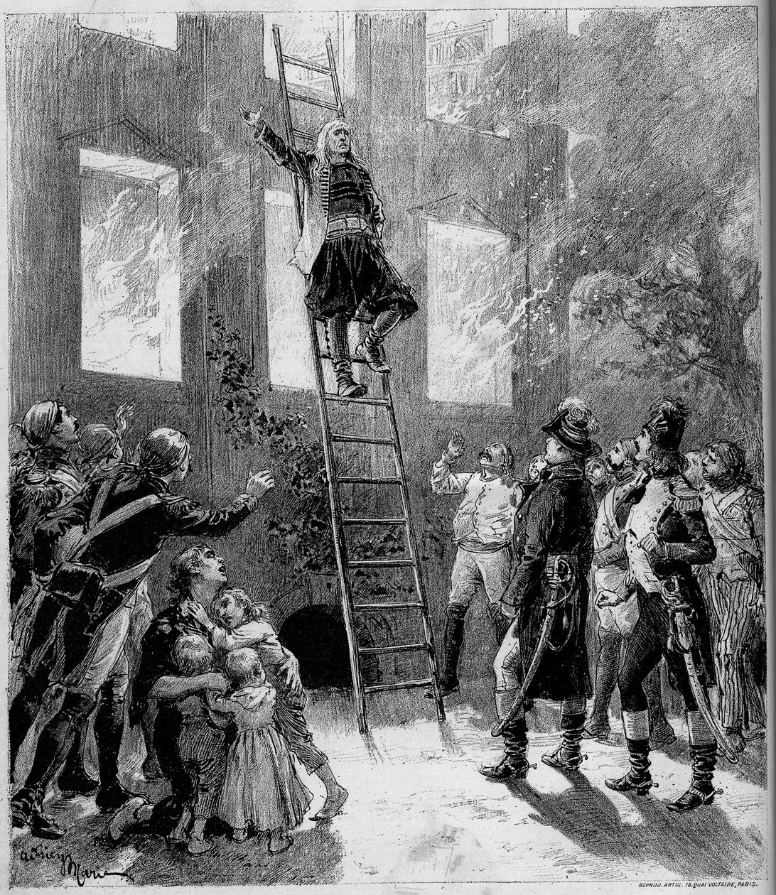 Teaterfremstilling: "" Treoghalvfems"" ("Treoghalvfems") af Paul Meurice (1818-1905) af Victor Hugo (1802-1885). Tourgues ild (10. maleri): Marquis de Lantenac, efter at have reddet livet for børnene i Flecharde, giver sig selv t. af Adrien Emmanuel Marie