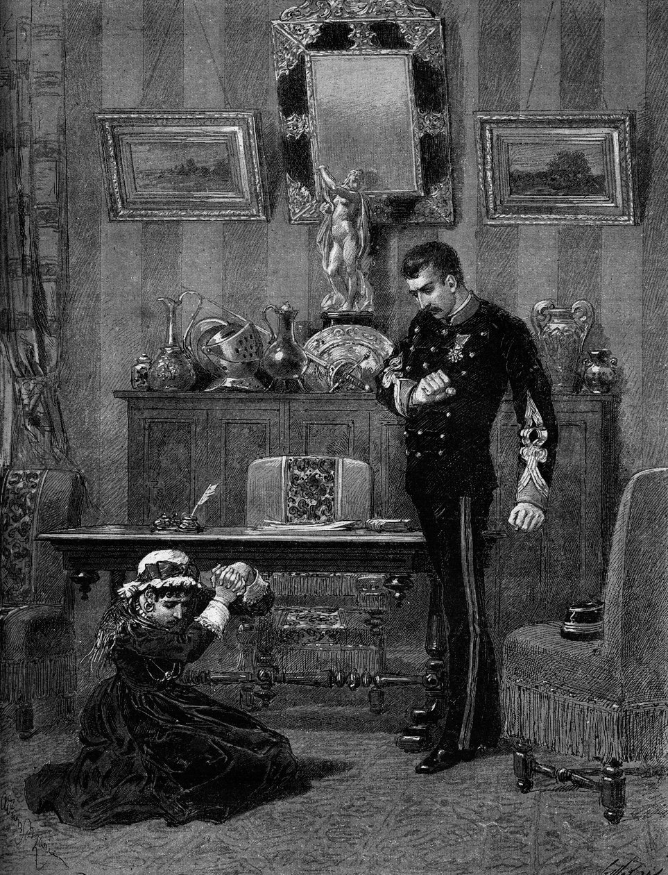 Teaterfremstilling: “The son of Coralie” ”af Albert Delpit (1849-1893) med Aimee Jeanne Tessandier (1851-1923) (Coralie) og Lucien Guitry (1860-1925) (Daniel). Paris, Theatre du Gymnasium af Adrien Emmanuel Marie