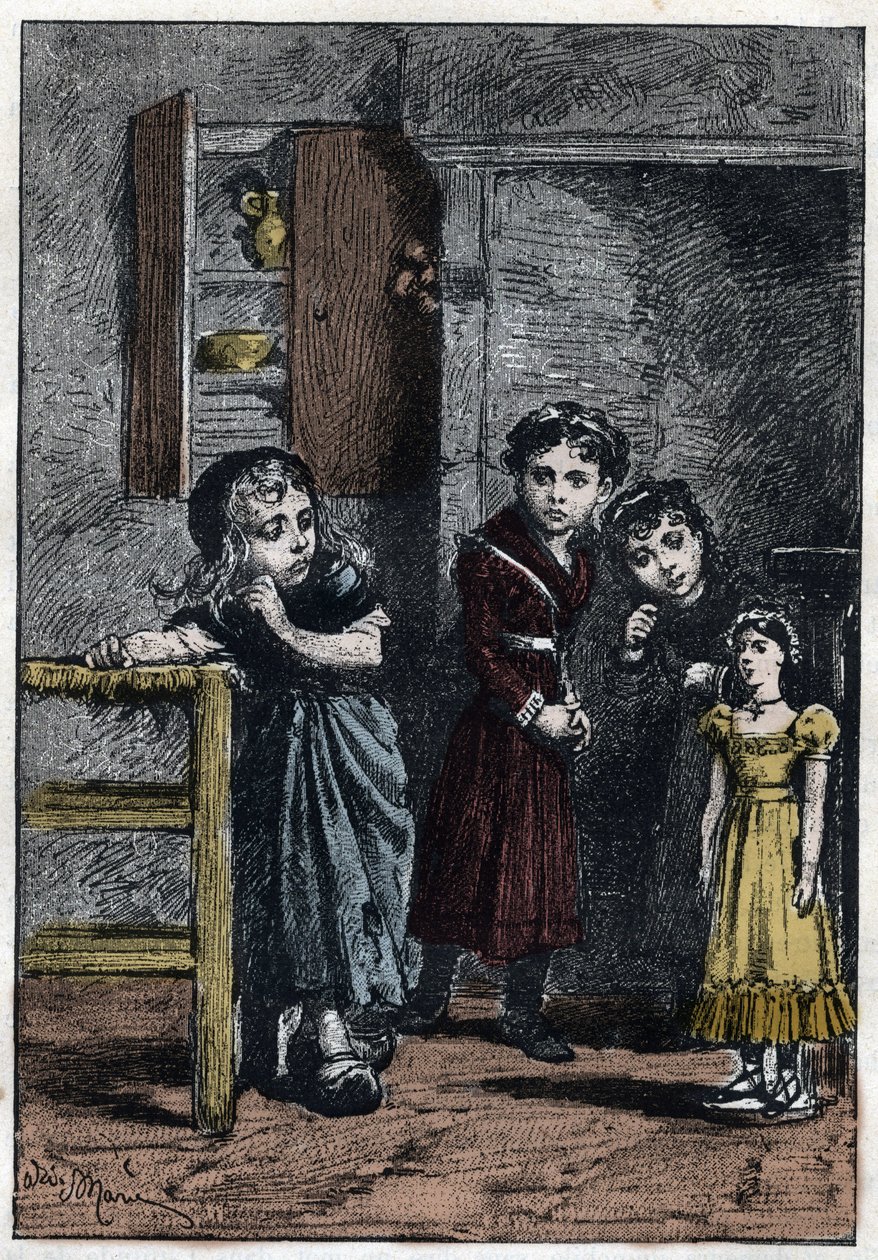 Thenardiers to døtre, Eponine og Azelma, ser på Cosette, der modtog dukken Catherine - Illustration af Adrien Marie (1848-1891) til "De elendige - Anden del: Cosette" af Victor Hugo (1802-1885) 1862 af Adrien Emmanuel Marie