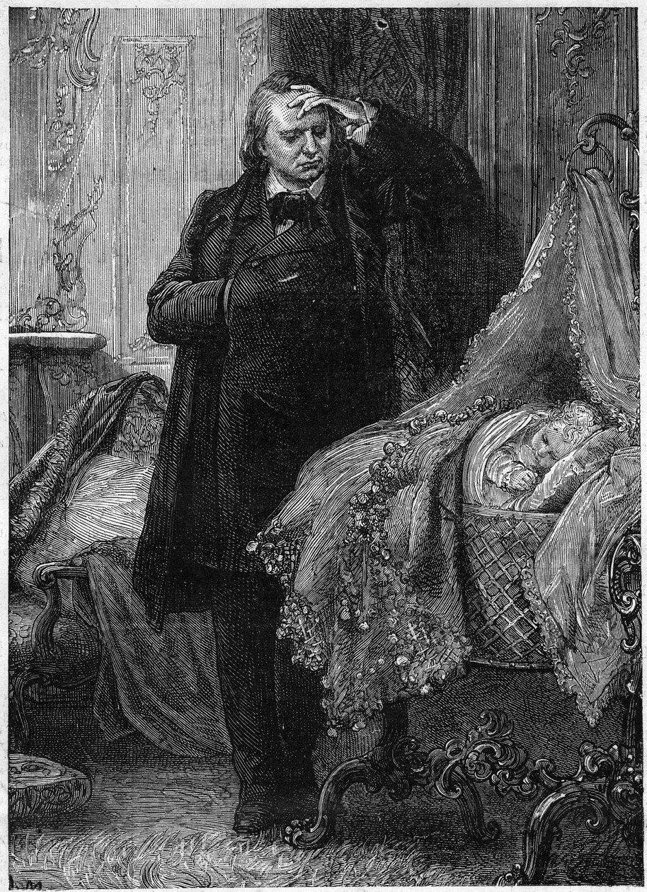 Victor Hugo observerer et barn, der sover i sin tremmeseng. Illustration af "History of a Crime" af Victor Hugo (1802-1885). Illustration af M. A. Marie af Adrien Emmanuel Marie