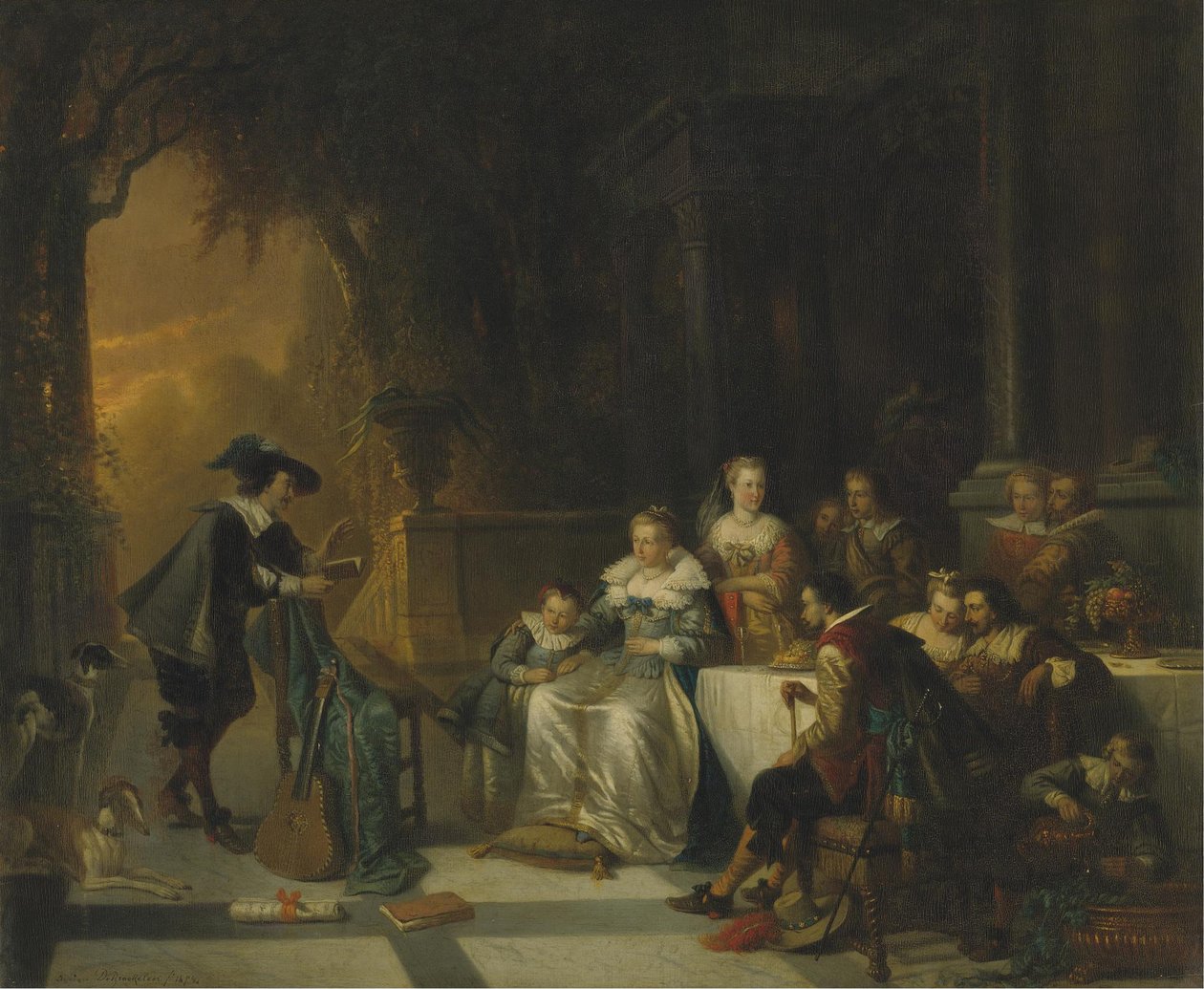 John Dryden læser et af sine digte for retten, 1869 af Adrien Ferdinand de Braekeleer