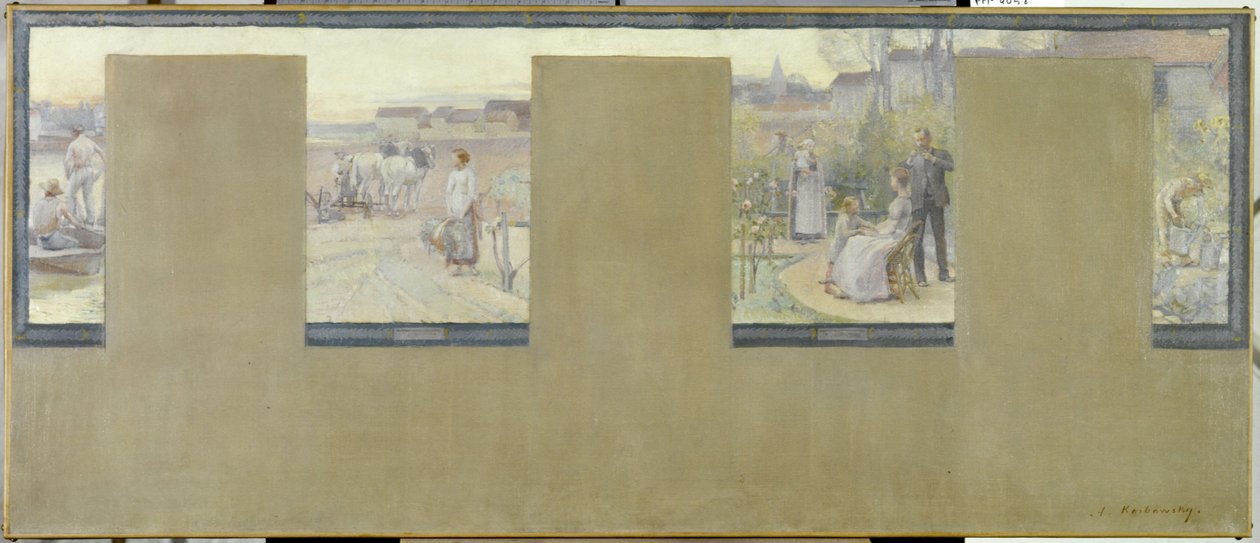 Skitse til rådhuset i Nogent-sur-Marne: Le canotage - le labourage - la villégiature - le jardinage, en 1889 (olie på lærred (armure)) af Adrien Karbowsky