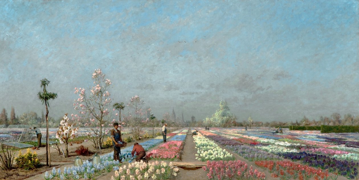 De blomstrende hyacintmarker i Van Houtte-gartneriet i Gent med udsigt til Sankt Nikolaus-kirken, Belfyren og Sankt Bavo-katedralen, 1883 af Adrien Louis Demont