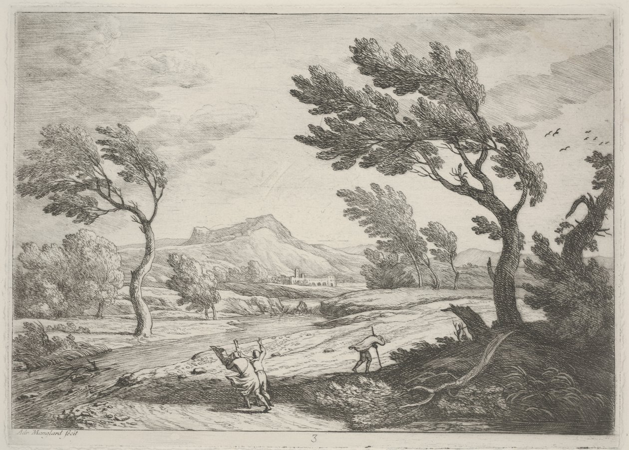 Landskab med rejsende i høj vind, ca. 1753 (radering) af Adrien Manglard