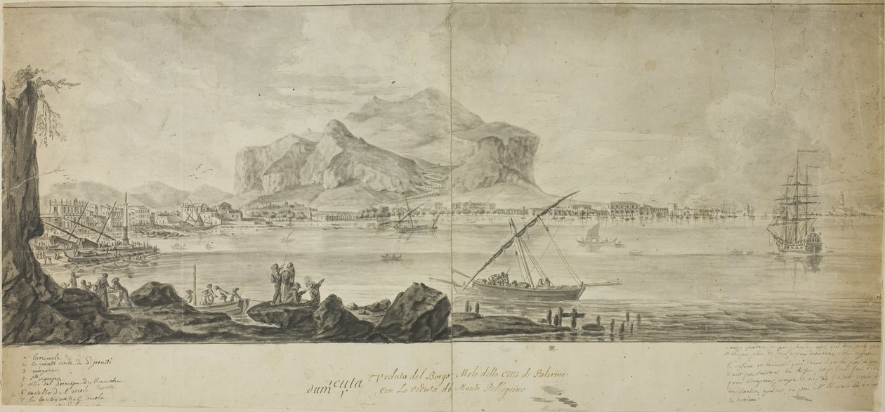 Udsigt over byen og havnen i Palermo med udsigt til Monte Pellegrino af Adrien Manglard
