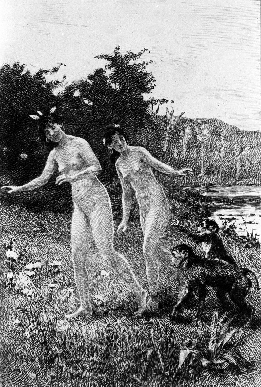 Gravering af Adrien Moreau (1843-1906), der illustrerer "" Candide"" af Francois Marie Arouet dit Voltaire (1694-1778). af Adrien Moreau