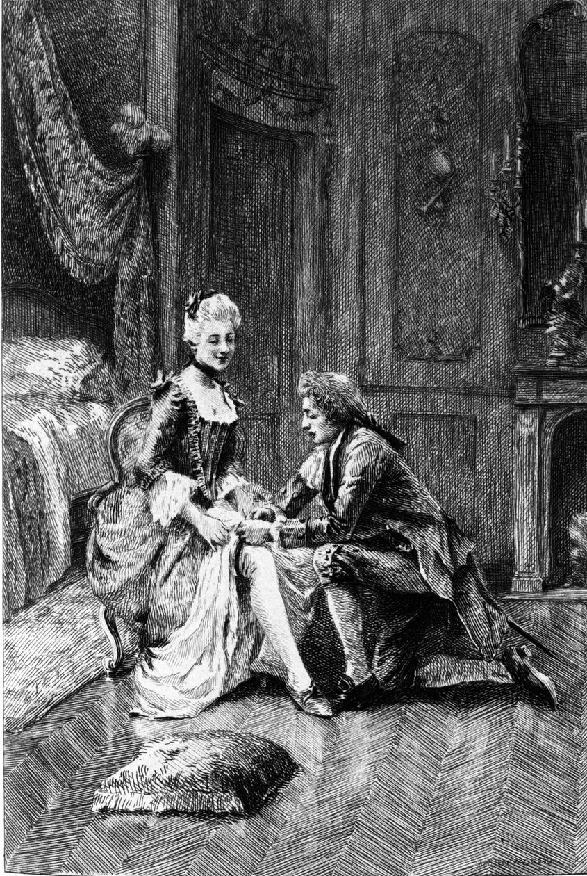 Gravering af Adrien Moreau (1843-1906), der illustrerer "" Candide"" af Francois Marie Arouet dit Voltaire (1694-1778). af Adrien Moreau