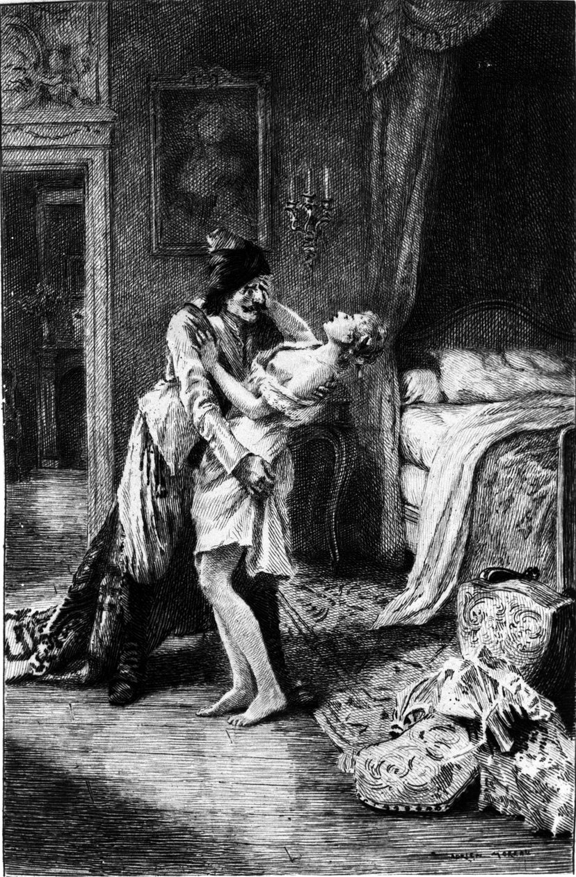 Gravering af Adrien Moreau (1843-1906), der illustrerer "" Candide"" af Francois Marie Arouet dit Voltaire (1694-1778). af Adrien Moreau