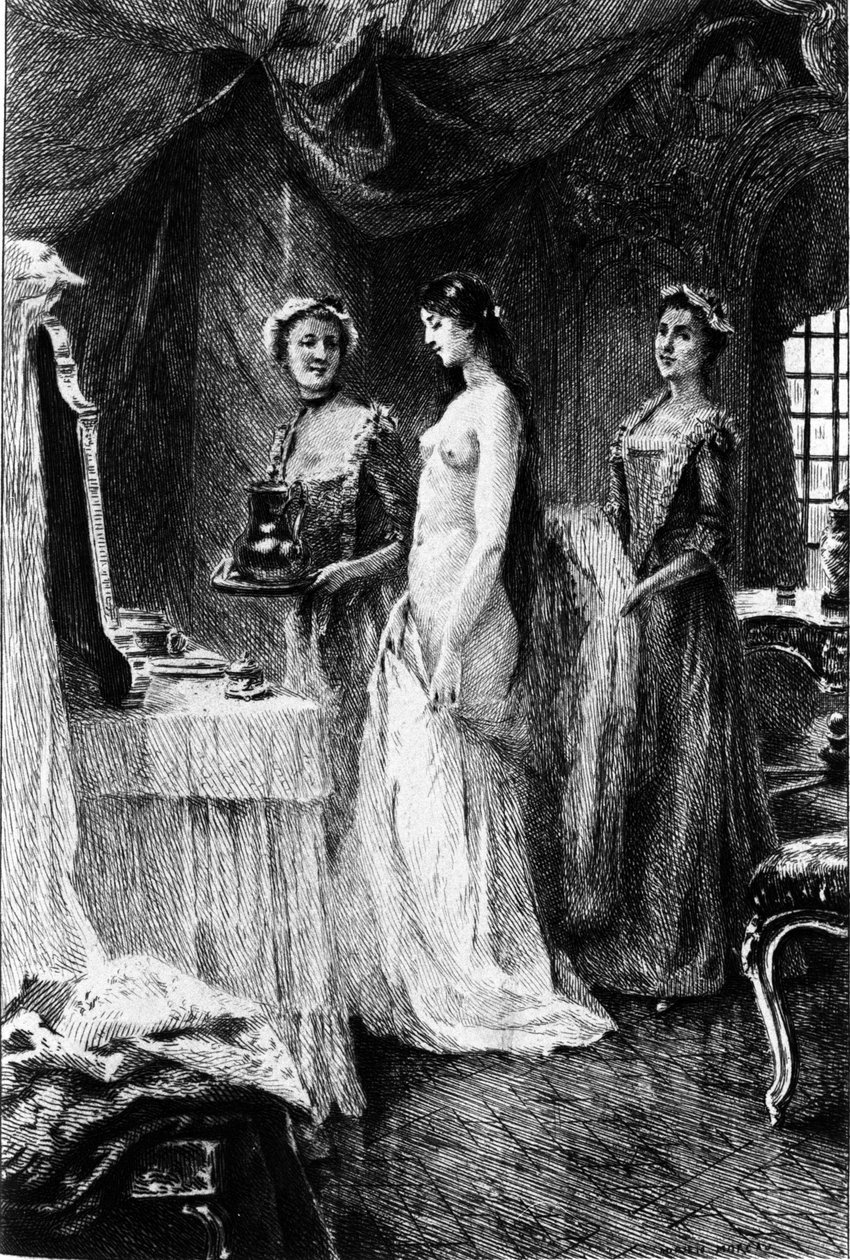 Gravering af Adrien Moreau (1843-1906), der illustrerer "" Candide"" af Francois Marie Arouet dit Voltaire (1694-1778). af Adrien Moreau