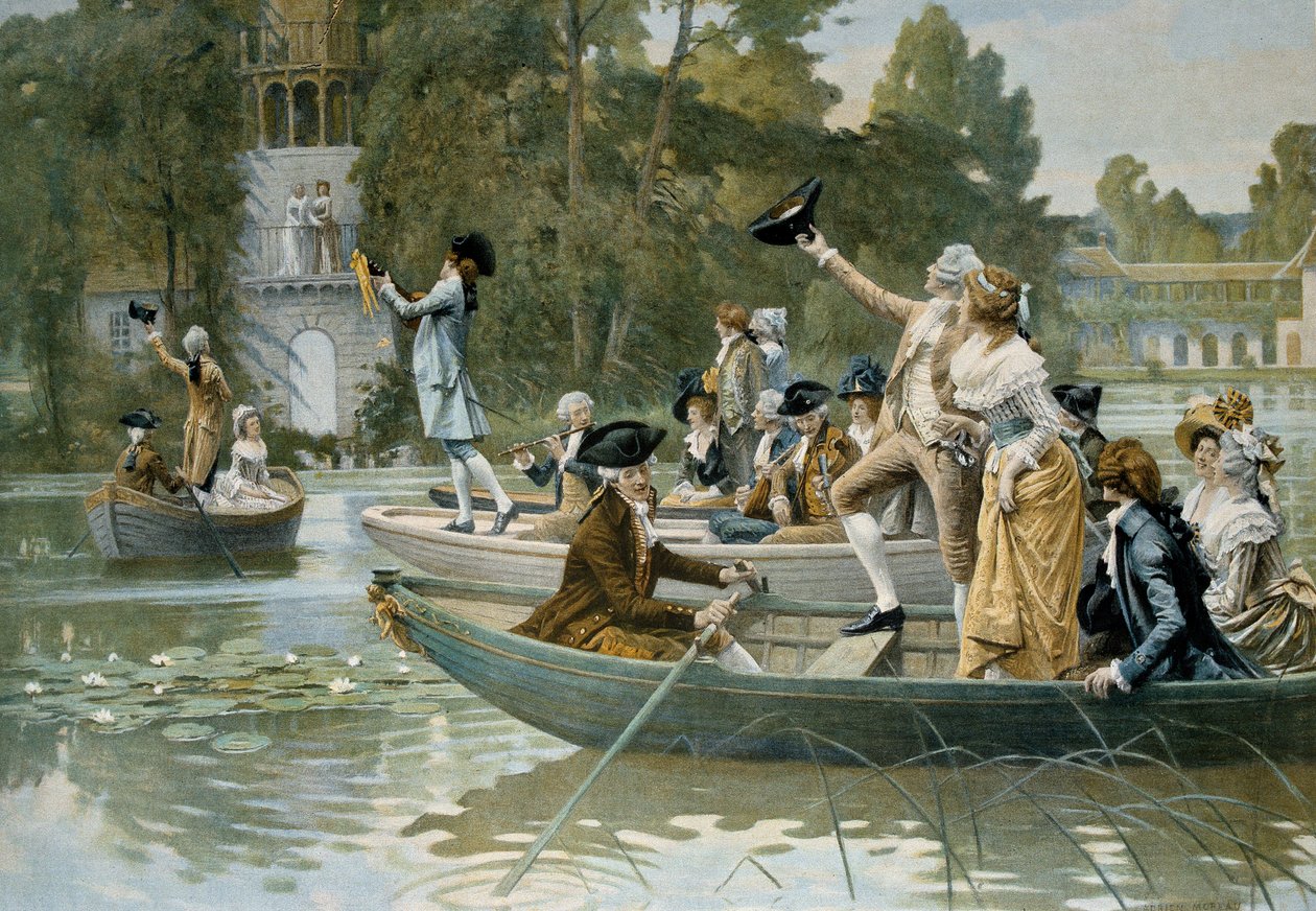 Serenade au Peer Trianon, illustration af en serenade til hyldest til dronning Marie Antoinette (1755-1793), før 1789, gravering af Adrien Moreau (1843-1906) af Adrien Moreau
