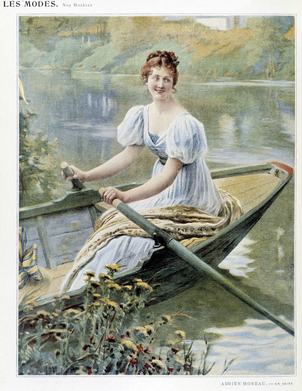 Kvinde laver en båd på Seinen - syg. af Adrien Moreau, ca. 1900 af Adrien Moreau