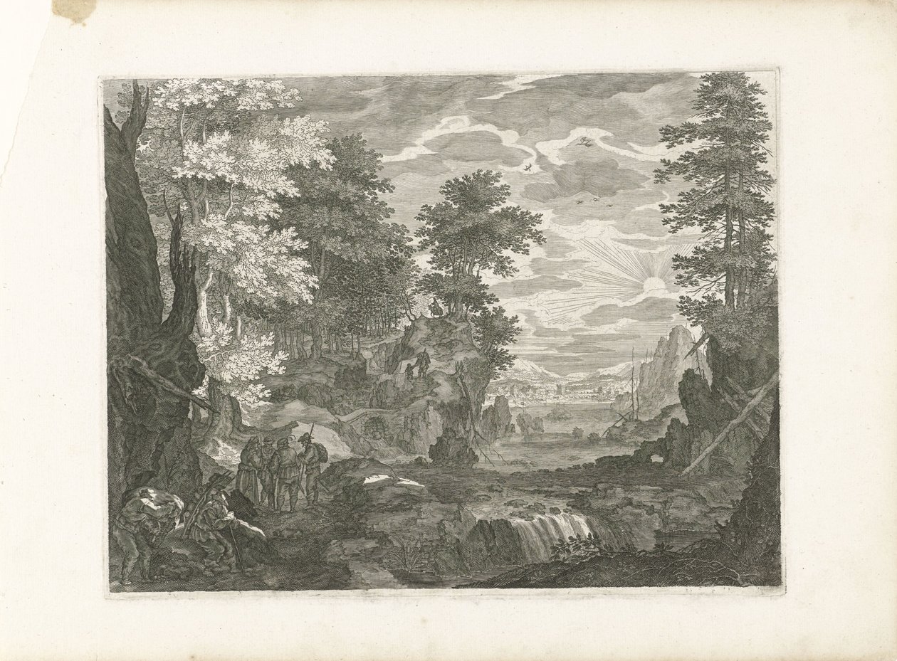 Vandfald med en by i baggrunden Fire landskaber i Bøhmen (serietitel) af Aegidius Sadeler (II) (attributed to)